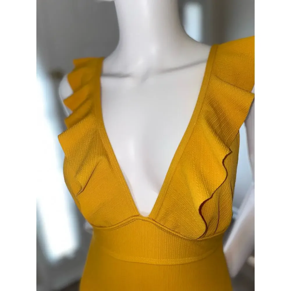 Sunset Yellow Ruffle Swimsuit, Medium, Ruffles and lace up. Deep V‎ cleavage.